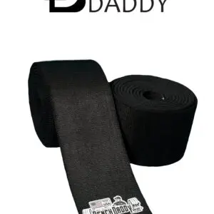 Two black fabric rolls with a logo on one roll.