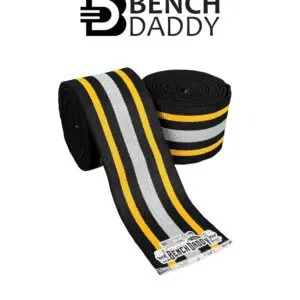 Black and yellow striped wrist wraps for weightlifting.
