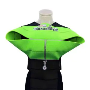 A mannequin dressed in a bright green and black futuristic outfit.