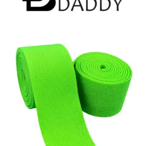 Bright green resistance bands rolled up, used for exercise.