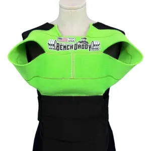 Bright green wetsuit top with black lower section, displayed on a mannequin.