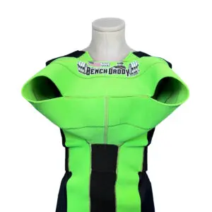 A bright green and black costume resembling a superhero suit on a mannequin.