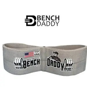 A grey fabric headband with 'Bench Daddy' and a weightlifting graphic.
