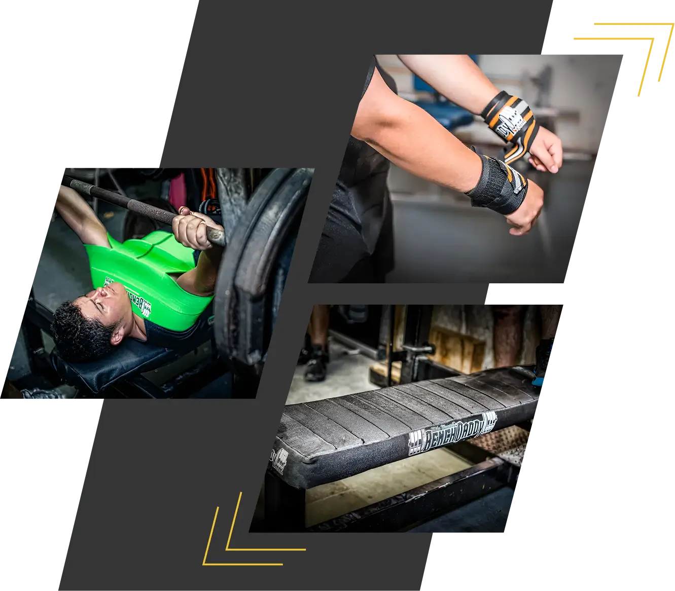 Powerlifting training: bench press and wrist wraps.